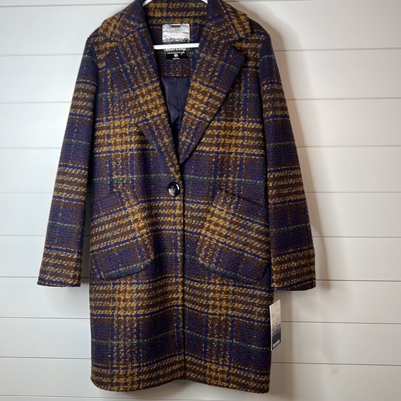 Women's Kensie Single Breasted Plaid Coat. Purple/Gold/Multi. Size Medium. NWT. - Picture 2 of 13